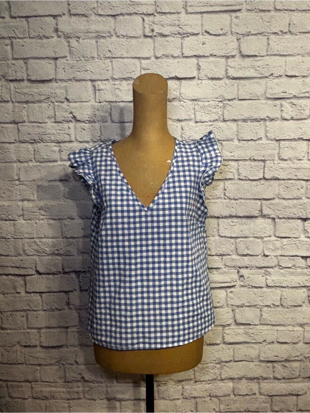 SHEIN Blue Gingham V-Neck Flutter Sleeve Blouse